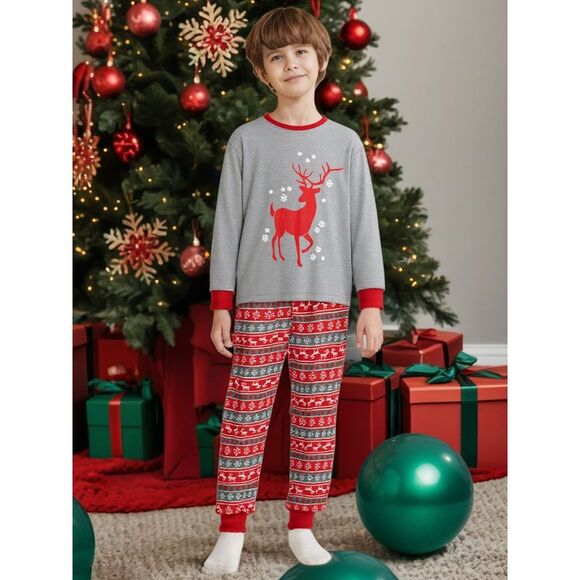 Child's Christmas Elk Print Long Sleeve Tee with Pants Pajama Sets Red - Picture 3 of 4